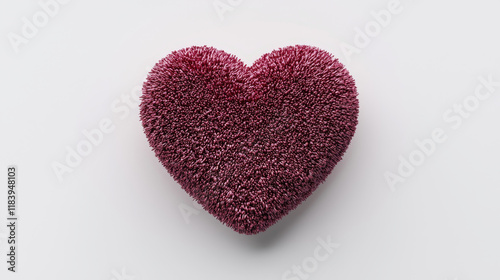 Plush maroon heart, textured surface, minimalist backdrop.
