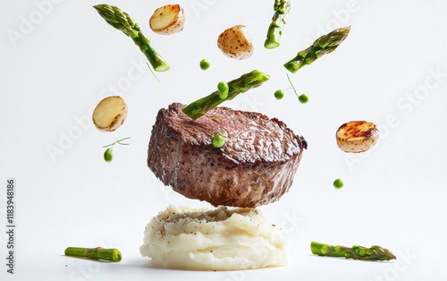 A juicy filet mignon suspended in mid-air with asparagus spears and mashed potato dollops swirling around it on a clean white background photo