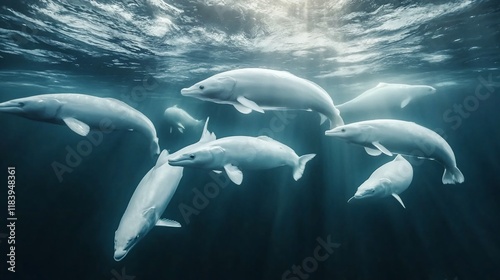 Underwater school of albino fish swimming in deep ocean. photo