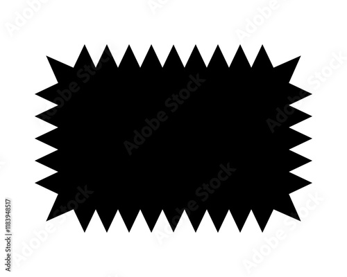 Rectangle shape with zigzag edges. Empty text box, speech bubble, tag or label template with spiky borders isolated on white background. Vector graphic illustration.