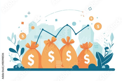 Debttoincome ratio, balancing line graphs with money bags, flat design illustration photo