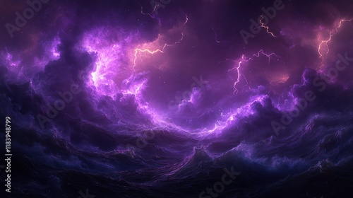Purple lightning storm over dark ocean waves.