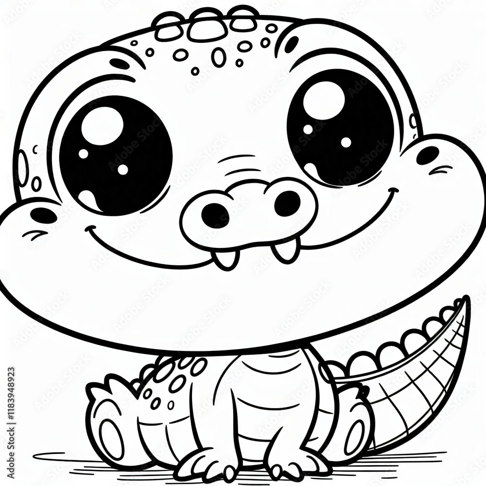 Obraz premium Black white lineart coloring book, cute animal character. Cute baby crocodile Cartoon Character with Big Eyes
