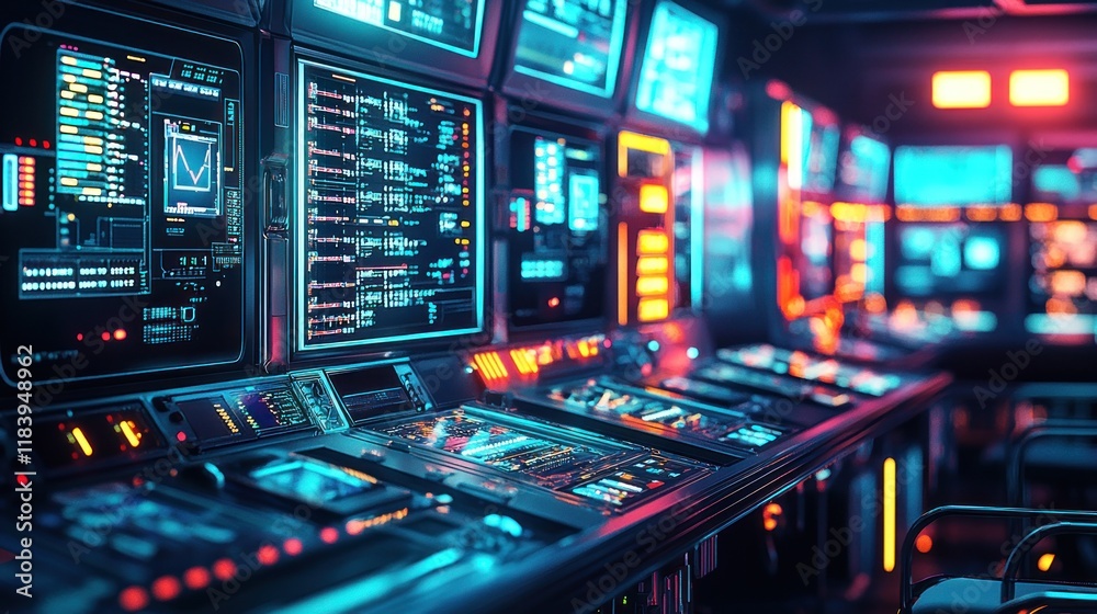Obraz premium Futuristic Control Room: Neon Lights and Digital Interfaces