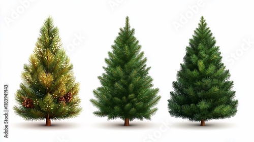 Decorated, undecorated Christmas trees, isolated, white background, holiday design