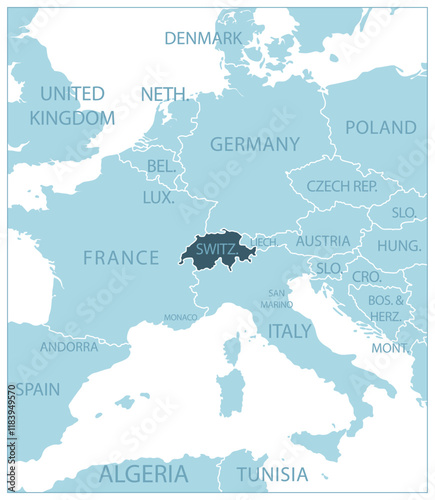 Switzerland - blue map with neighboring countries and country names. Vector illustration