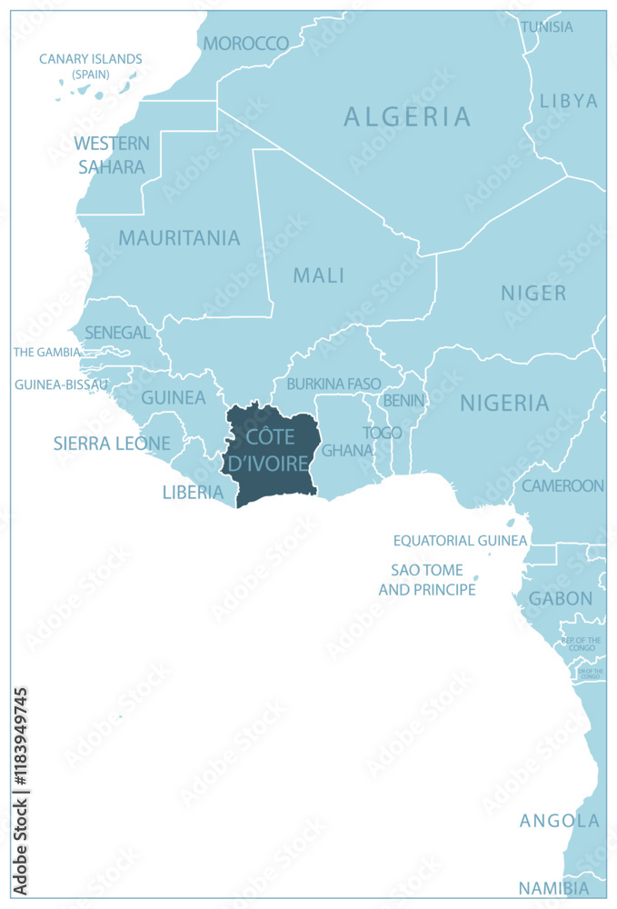 Naklejka premium Cote D'Ivoire - blue map with neighboring countries and country names. Vector illustration