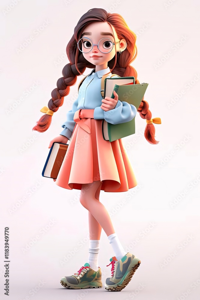 Cartoon girl student books school background. Cartoon girl student books school background.