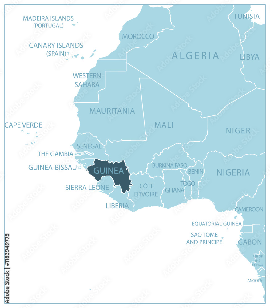 Obraz premium Guinea - blue map with neighboring countries and country names. Vector illustration