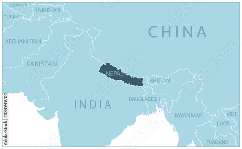 Nepal - blue map with neighboring countries and country names. Vector illustration