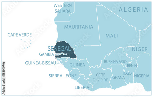 Senegal - blue map with neighboring countries and country names. Vector illustration