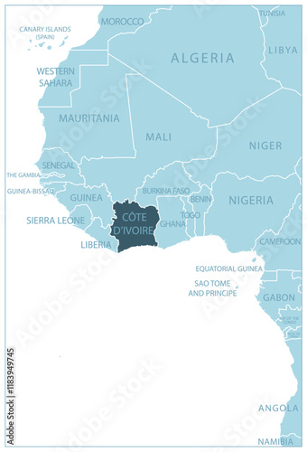 Cote D'Ivoire - blue map with neighboring countries and country names. Vector illustration
