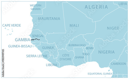 Gambia - blue map with neighboring countries and names. Vector illustration