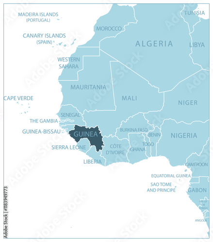 Guinea - blue map with neighboring countries and country names. Vector illustration