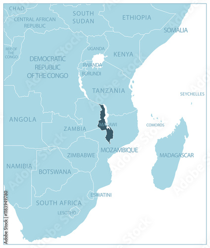 Malawi - blue map with neighboring countries and names. Vector illustration