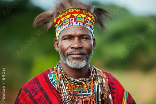 Portrait of indigenous african tribal chief wearing traditional headdress and necklace