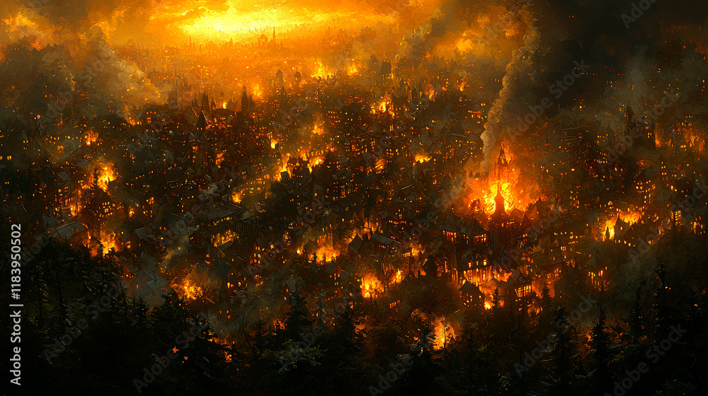 Naklejka premium Infernal Cityscape: A Burning Metropolis in the Night