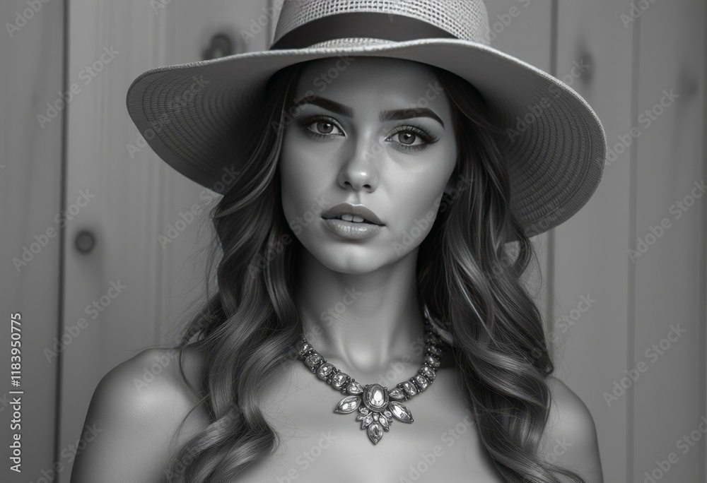 Woman in wide-brimmed hat and statement necklace in grayscale Woman in wide-brimmed hat and statement necklace in grayscale