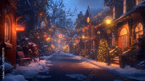 A picturesque winter night scene featuring glowing street lamps illuminating snow-covered cobblestone streets, with festive decorations and a warm, inviting atmosphere 
