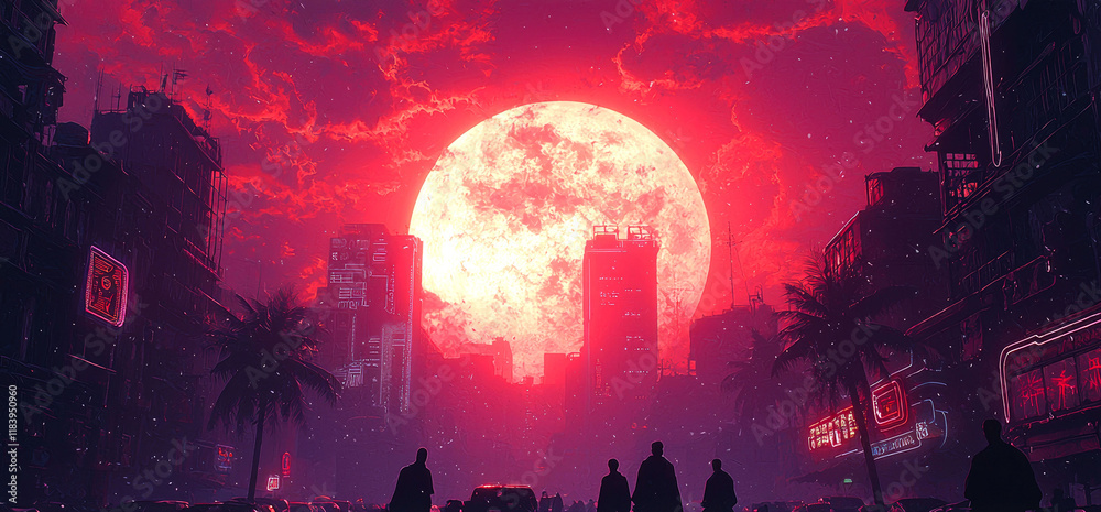 Fototapeta premium Crimson Cityscape: A Futuristic Urban Nightscape Under a Blood Red Moon
