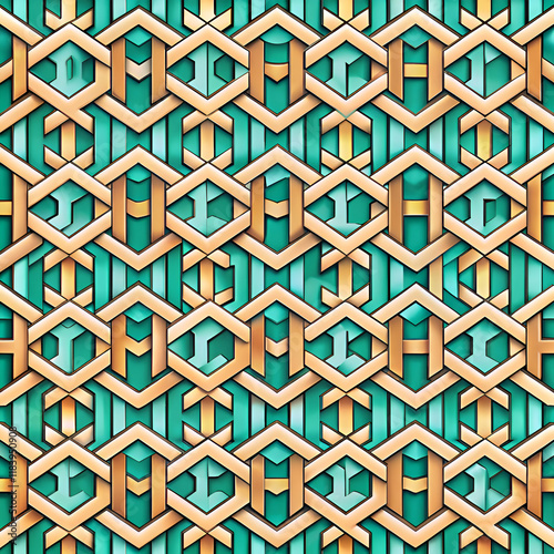 Abstract Geometric Pattern with Turquoise and Gold Tones.
