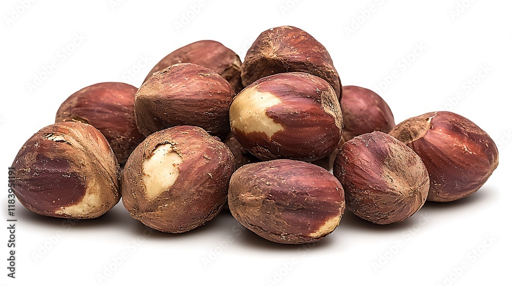 Close-up of a pile of hazelnuts isolated on a white background. Close-up of a pile of hazelnuts isolated on a white background.