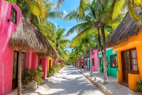 Colorful beach houses, palm trees, and sandy path. photo