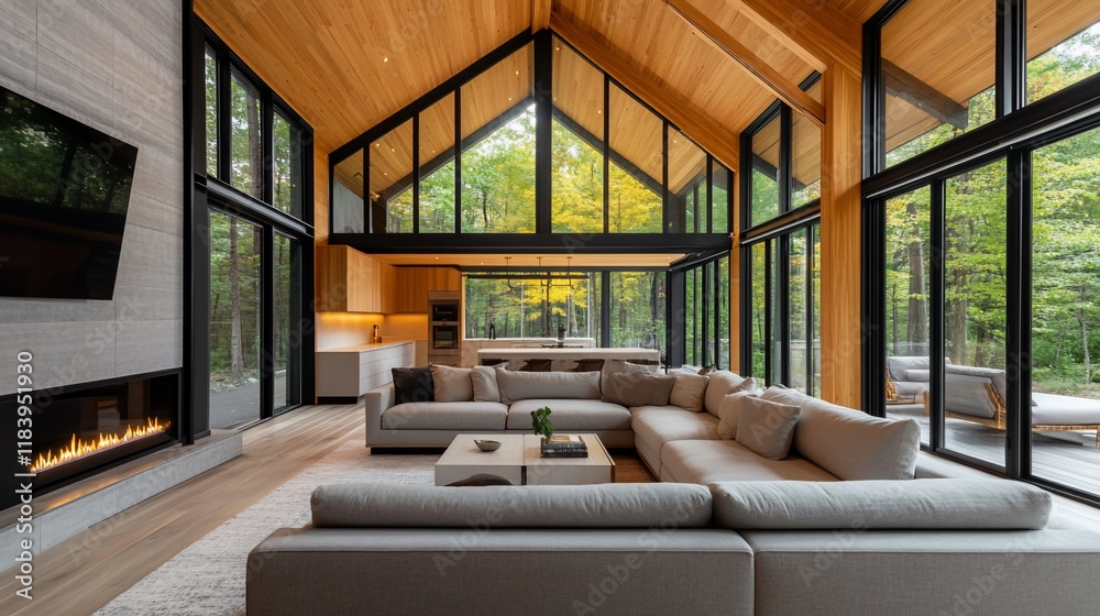 custom made wallpaper toronto digitalModern living room with high ceilings, large windows, and a fireplace.