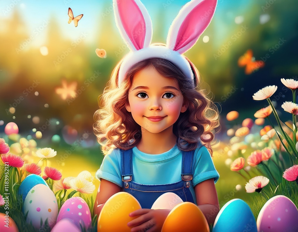 A cheerful child in bunny ears sits in a vivid garden with colorful Easter eggs and flowers. A cheerful child in bunny ears sits in a vivid garden with colorful Easter eggs and flowers.