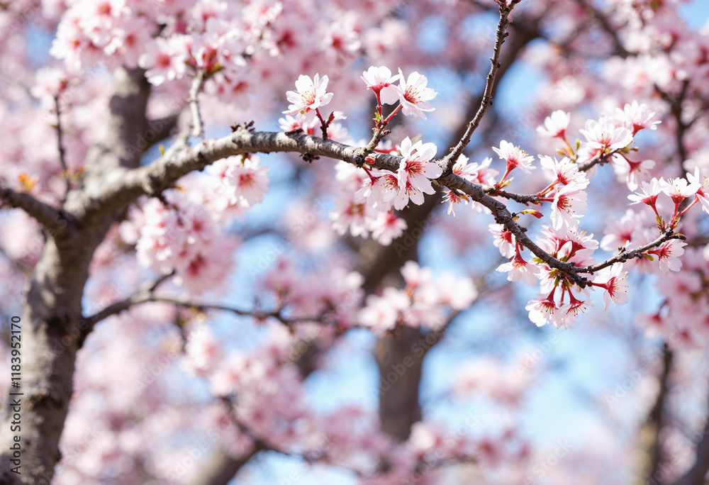 Spring Awakening: Close-up view of delicate cherry blossoms, vibrant pink petals with subtle white edges, soft pink hues unfurling amid twisting branches and blurred background blooms. Spring Awakening: Close-up view of delicate cherry blossoms, vibrant pink petals with subtle white edges, soft pink hues unfurling amid twisting branches and blurred background blooms.