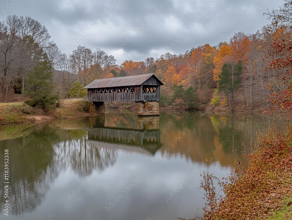 Fototapeta premium Covered bridge reflected in calm autumn lake.