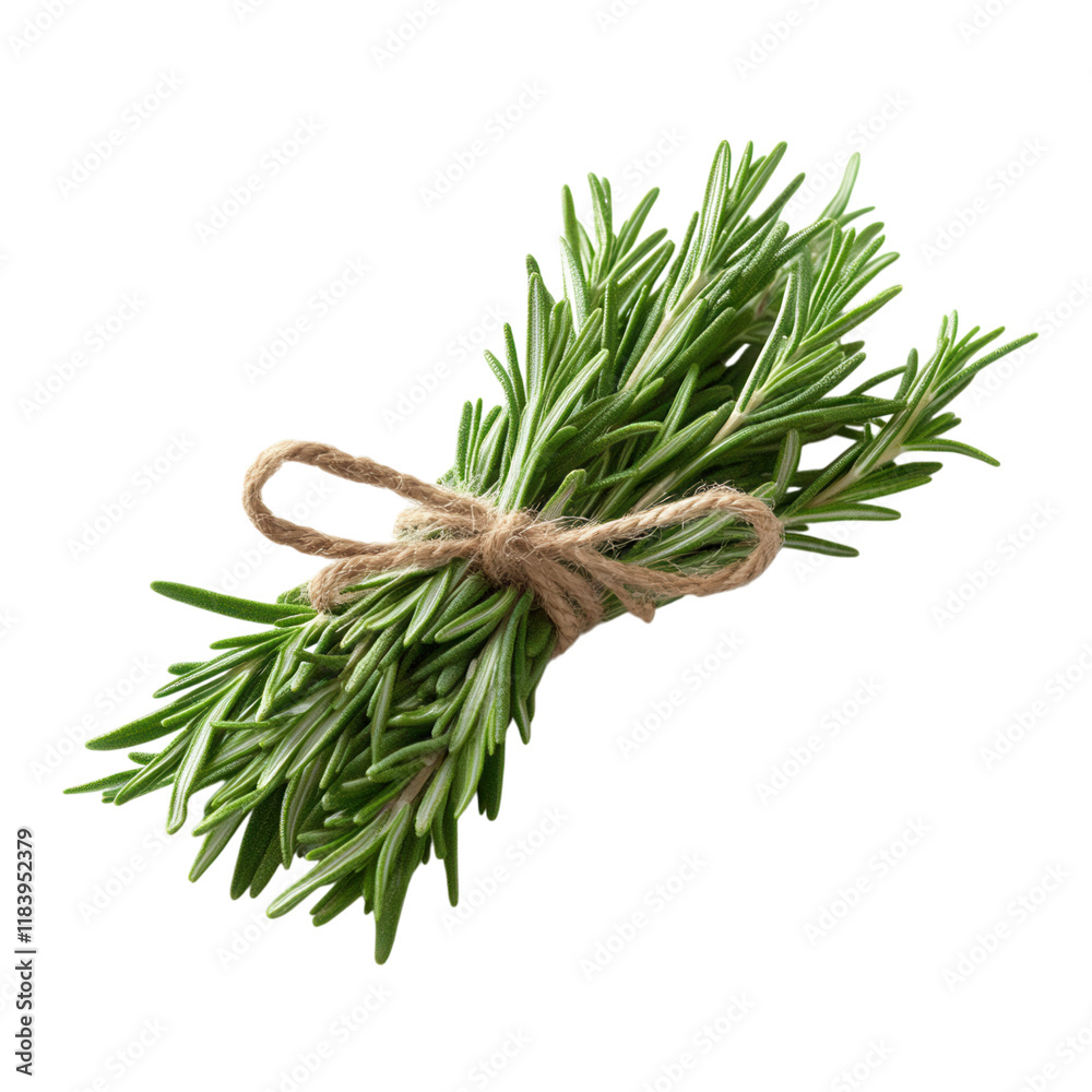 Fresh rosemary sprig elegantly bound with twine, set against a clean white backdrop, ideal for culinary or herbal design projects. Fresh rosemary sprig elegantly bound with twine, set against a clean white backdrop, ideal for culinary or herbal design projects.