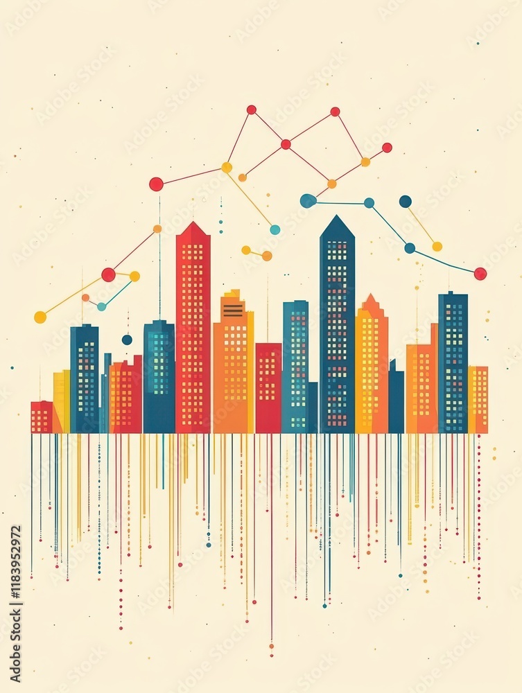 Fototapeta premium Economic growth, city skyline with upward graph lines, flat design illustration