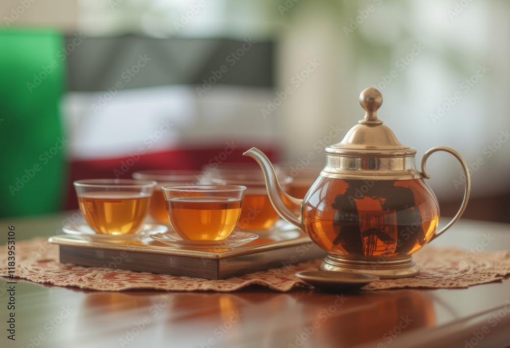 Glass teapot with tea and flag in the background Glass teapot with tea and flag in the background