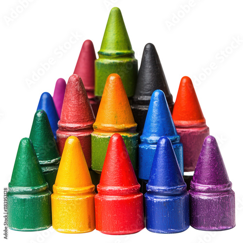 Colorful crayon pyramid on a clean white surface, vibrant hues creating a playful and artistic display, ideal for creative projects. photo