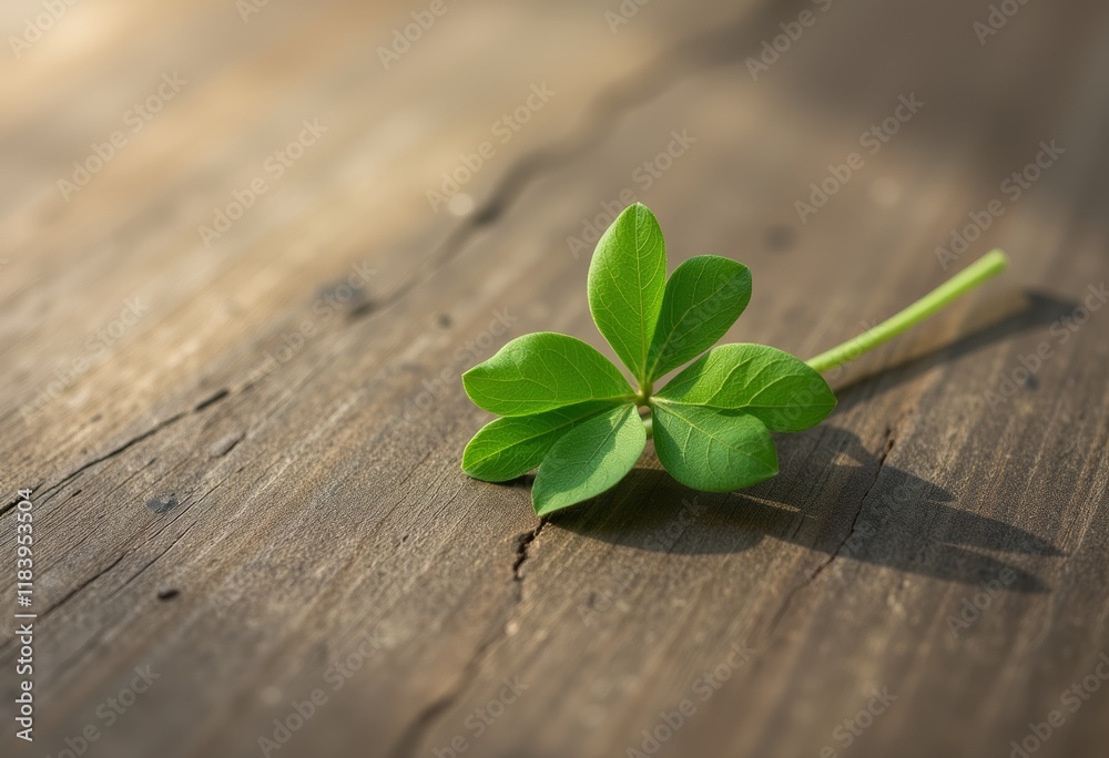 Naklejka premium Green four-leaf clover on a sunlit wooden surface