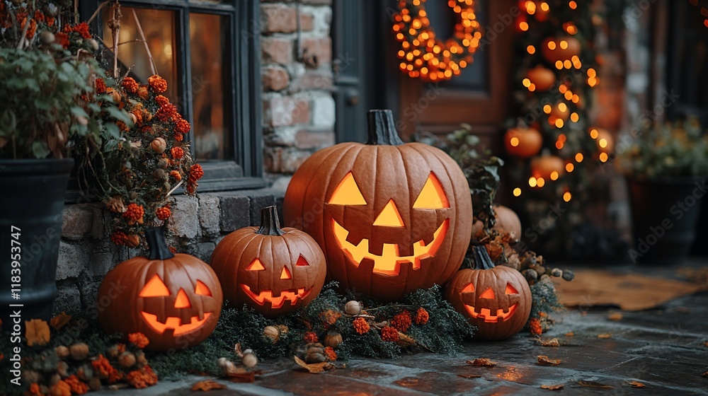 Obraz premium Illuminated jack-o'-lanterns adorn autumnal porch