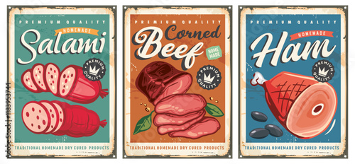 Set of retro signs with various meat products. Food vector illustration.