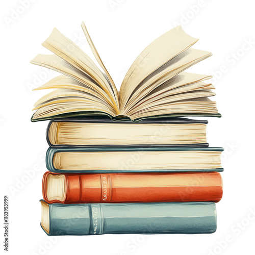 Colorful Book Stack with Open Page, vibrant collection of books showcasing diverse covers, inviting exploration of knowledge and imagination, white backdrop