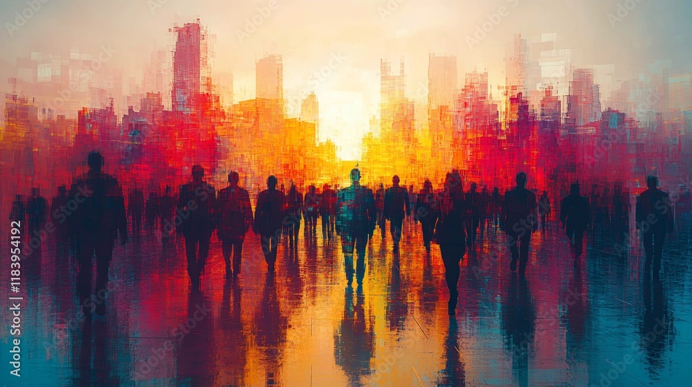 Crowd walking city sunrise hope future concept art Crowd walking city sunrise hope future concept art