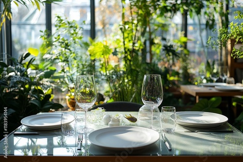 Sunlit table set for two in a lush conservatory.