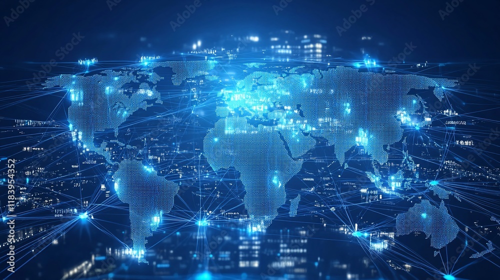 Fototapeta premium A digital world map with glowing connections representing global networking and technology.