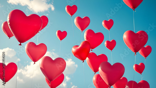 Heart-shaped balloons floating in a bright blue sky. photo