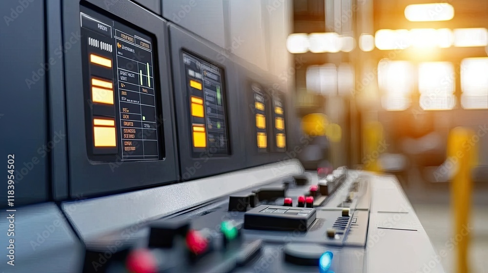 A close-up of industrial control panels featuring various buttons and displays, highlighted by warm lighting in a workspace. A close-up of industrial control panels featuring various buttons and displays, highlighted by warm lighting in a workspace.