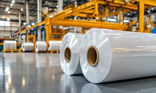 Large rolls of white plastic film stored in a polypropylene packaging factory for future distribution and use