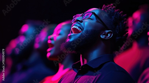Joyful African American choir members perform uplifting gospel music in a vibrant church setting