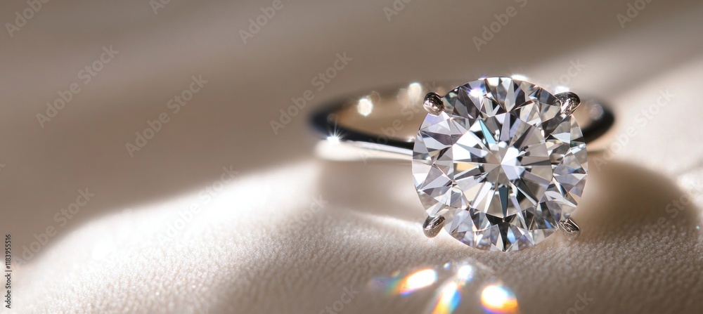 Fototapeta premium Shiny diamond ring resting on soft white silk reflecting light