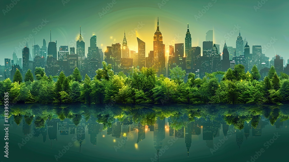 Obraz premium A lush forest merging with a city skyline to depict eco-friendly urbanization
