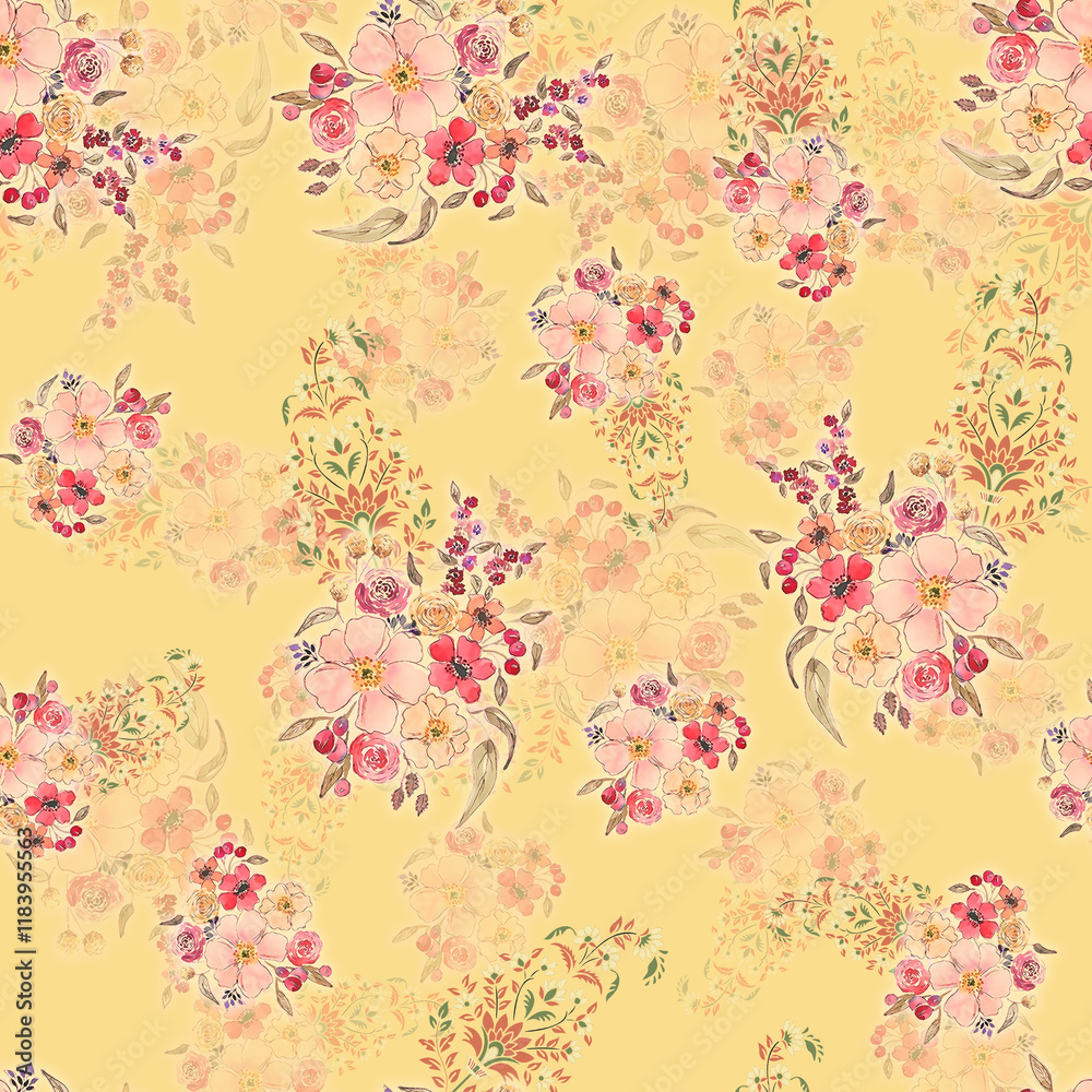 The image is a floral pattern featuring clusters of various flowers and leaves. The flowers are predominantly in shades of pink, red, and peach, with some yellow and purple accents. The background is The image is a floral pattern featuring clusters of various flowers and leaves. The flowers are predominantly in shades of pink, red, and peach, with some yellow and purple accents. The background is