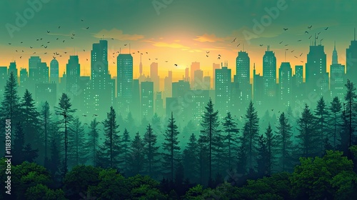 A lush forest merging with a city skyline to depict eco-friendly urbanization photo